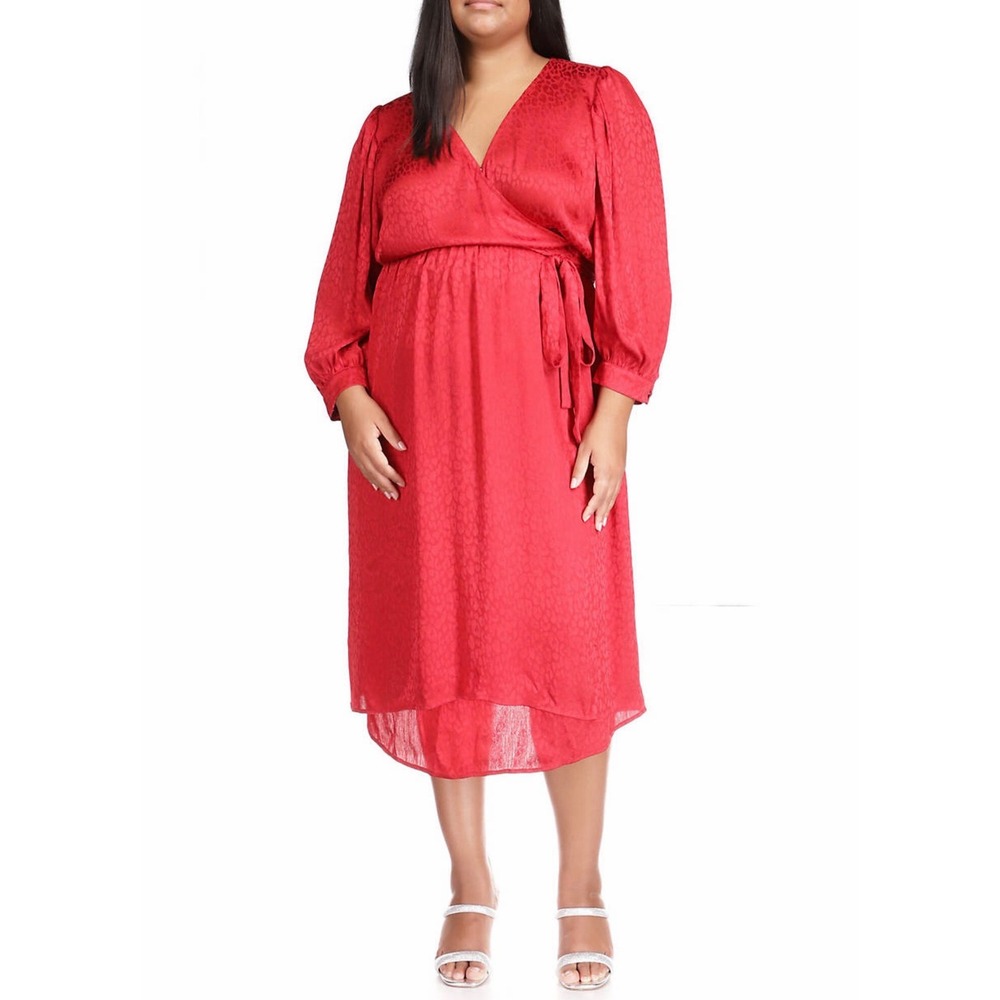 MICHAEL KORS Red Animal Print Wrap Midi Dress 1X Romantic Feminine NWT $175